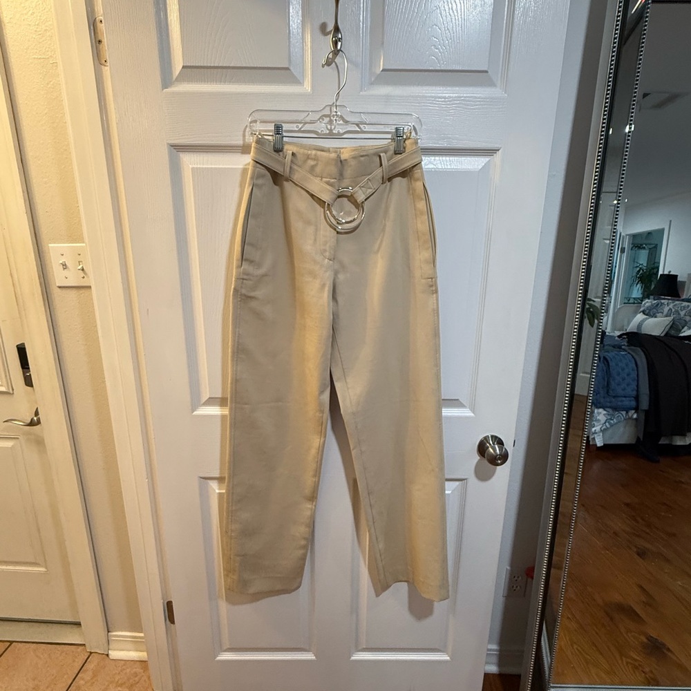 Tory Burch Relaxed Stretch Double Weave Pant in Sand Khaki.